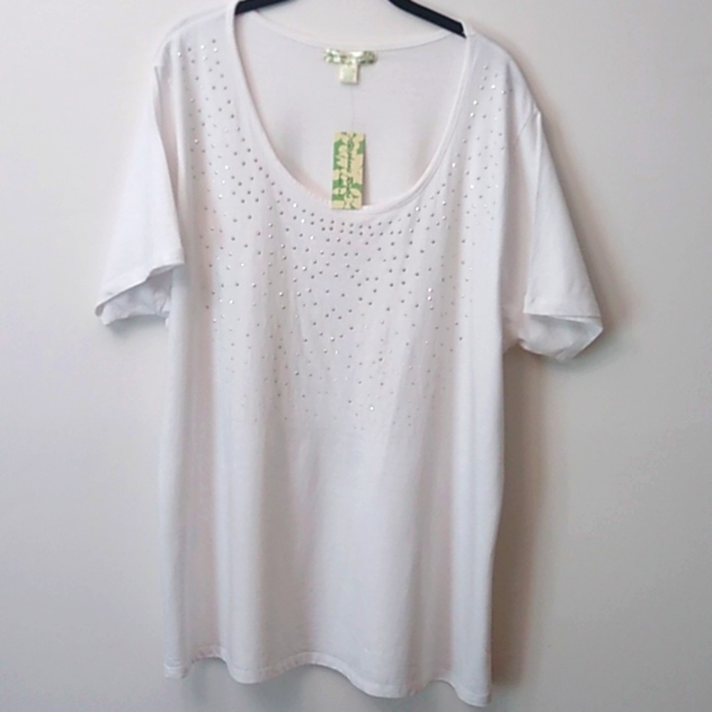 Stephanie Rogers Multi-Studs S/S Knit Top, White, 3X, NWT